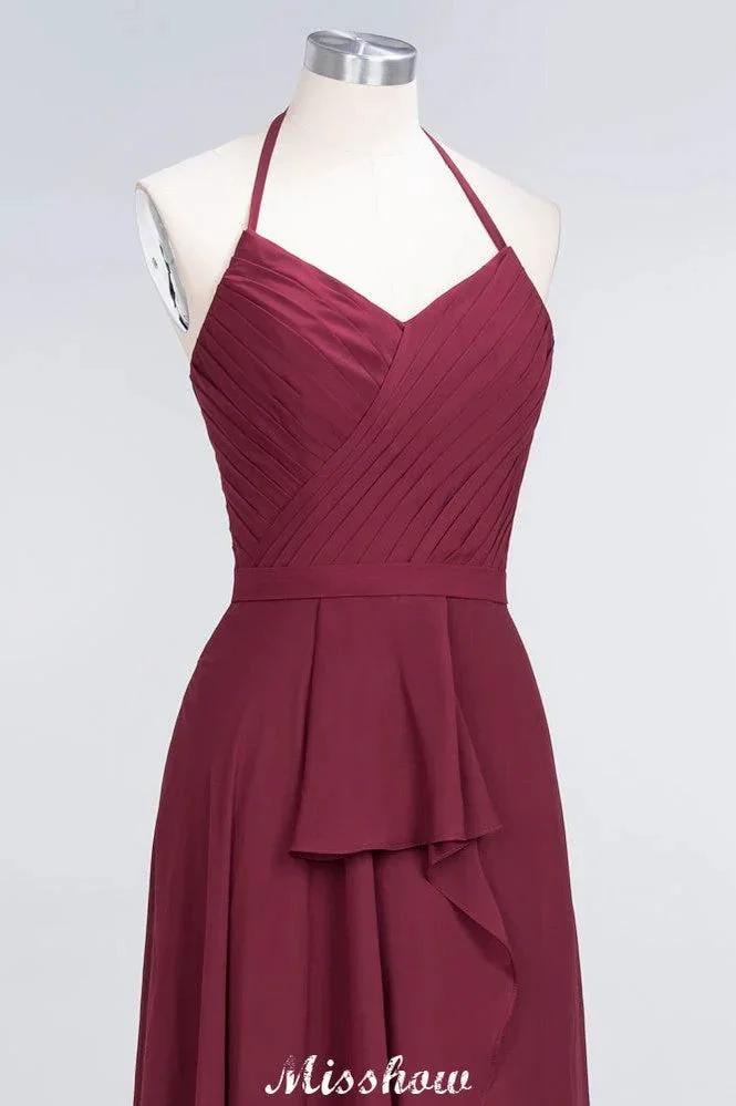 A-Line Chiffon Halter V-Neck Sleeveless Floor-Length Bridesmaid Dress with Ruffle (ZD12895)