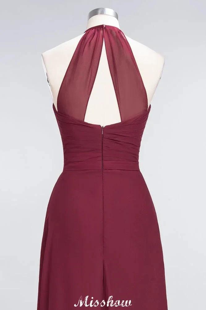 A-Line Chiffon Halter V-Neck Sleeveless Floor-Length Bridesmaid Dress with Ruffle (ZD12895)