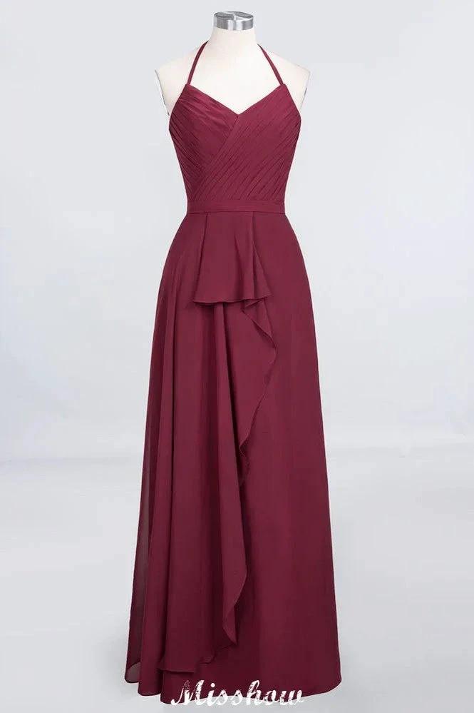 A-Line Chiffon Halter V-Neck Sleeveless Floor-Length Bridesmaid Dress with Ruffle by misshow.com