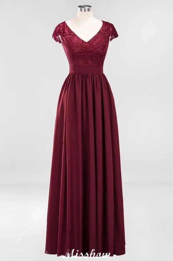 A-line Chiffon Lace V-Neck Sleeveless Floor-Length Bridesmaid Dresses with Ruffles (ZD12882)