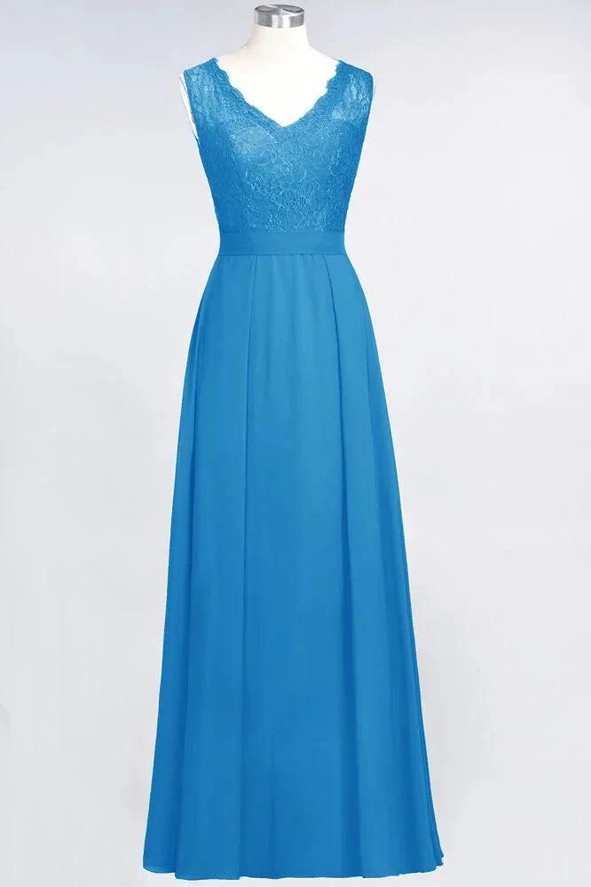 A-Line Chiffon Lace V-Neck Sleeveless Floor-Length Bridesmaid Dresses with Ruffles by misshow.com