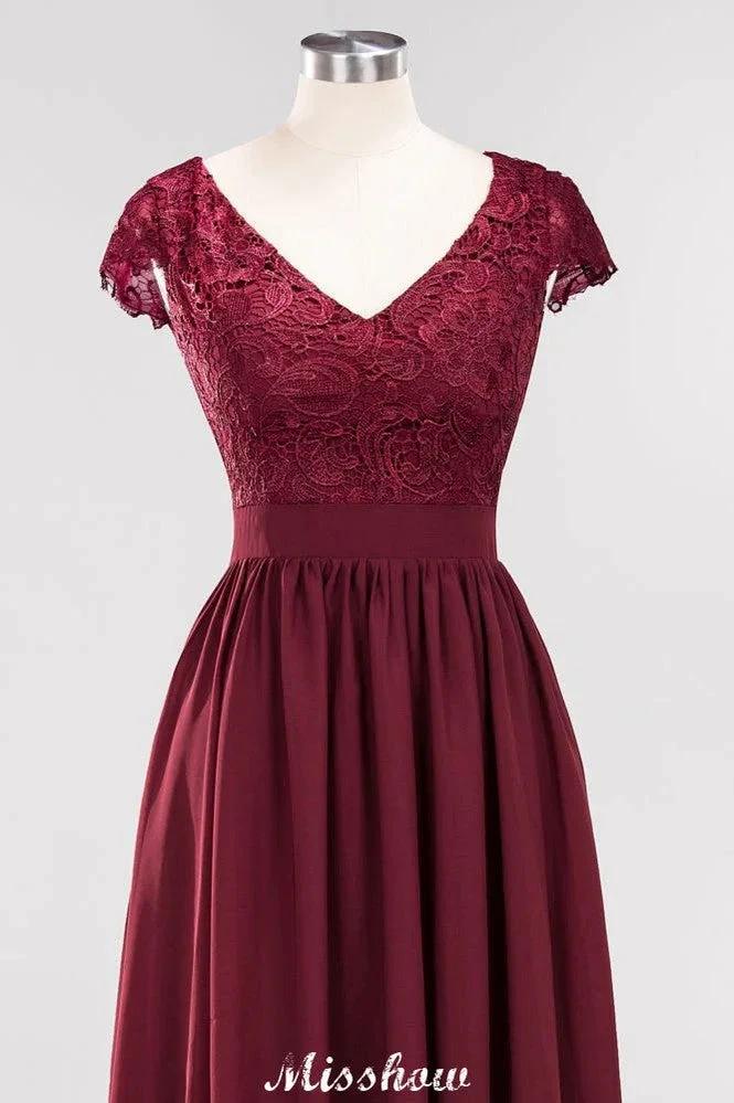 A-line Chiffon Lace V-Neck Sleeveless Floor-Length Bridesmaid Dresses with Ruffles (ZD12882)