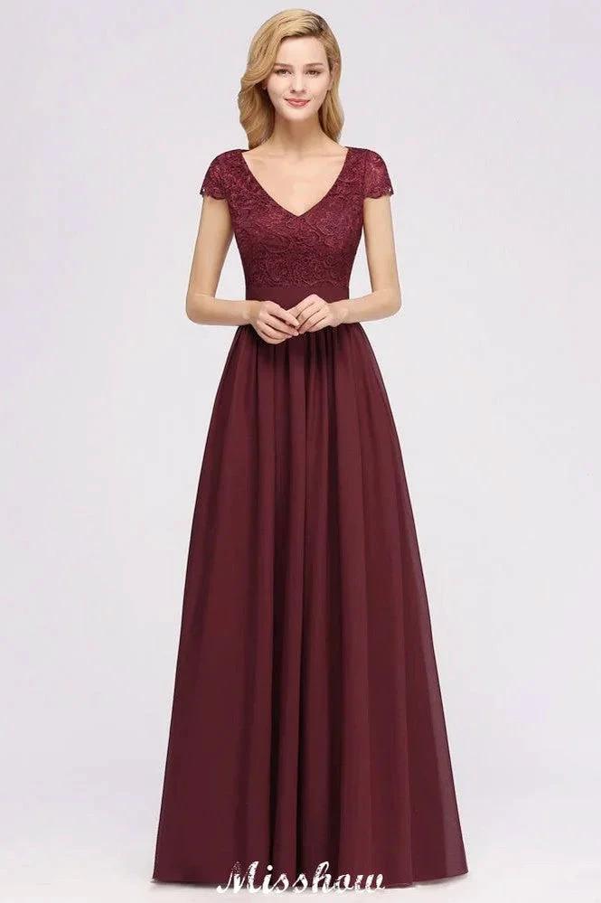 A-line Chiffon Lace V-Neck Sleeveless Floor-Length Bridesmaid Dresses with Ruffles by misshow.com