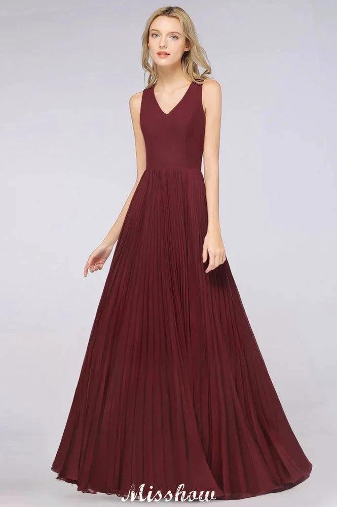 A-Line Chiffon V-Neck Sleeveless Bridesmaid Dress Floor-Length Ruffles Side Split Evening Gown (ZD12902)