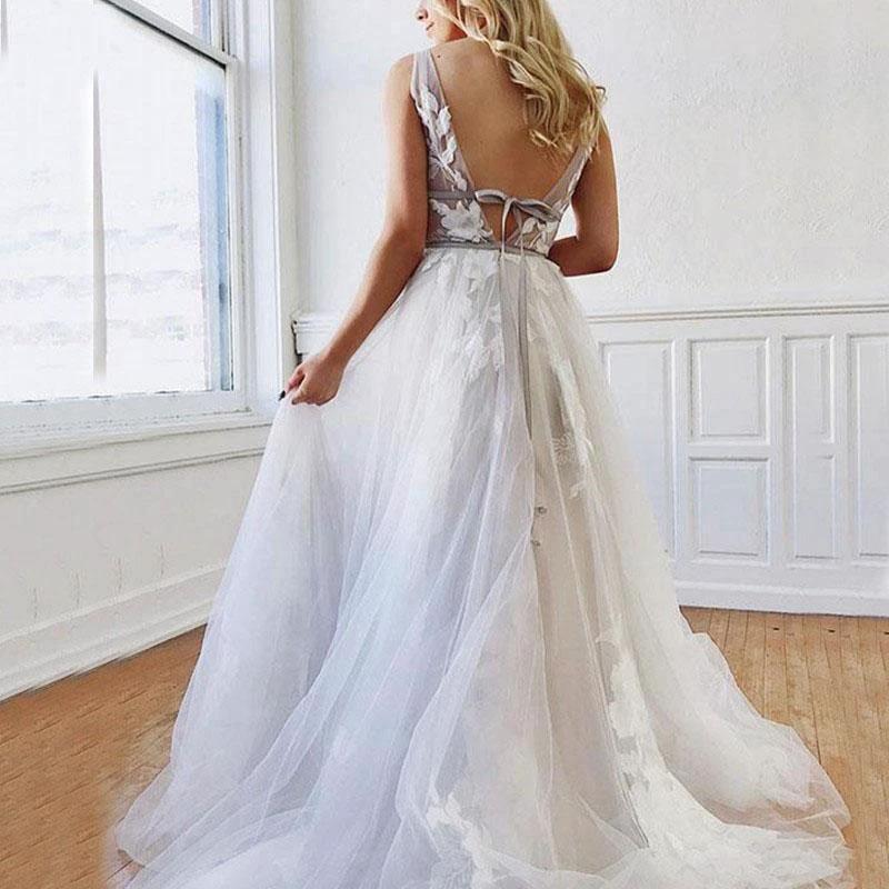 A Line Deep V-Neck Backless White Wedding Dress With Appliques (ZD15315)