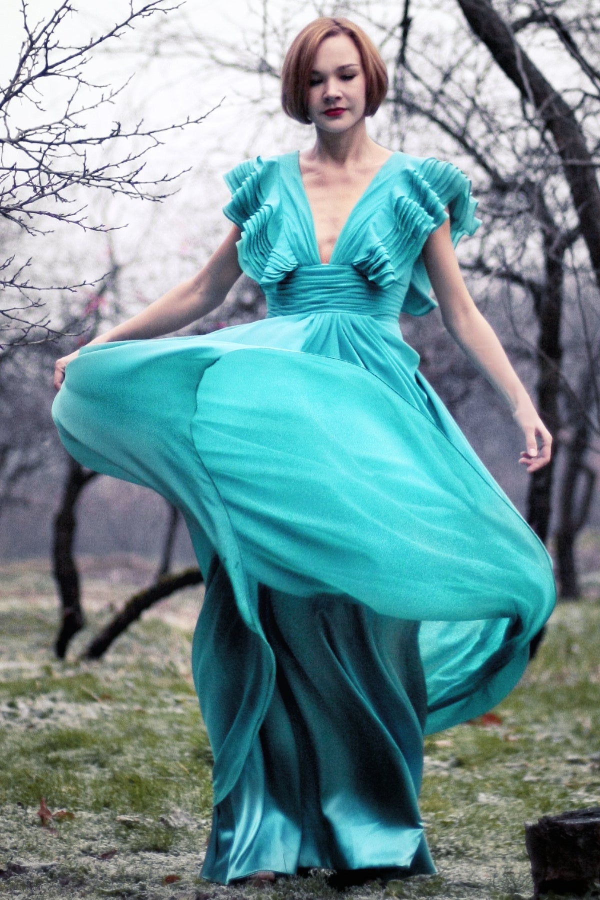 A-Line Deep V-Neck Floor-Length Chiffon Backless Prom Dress
