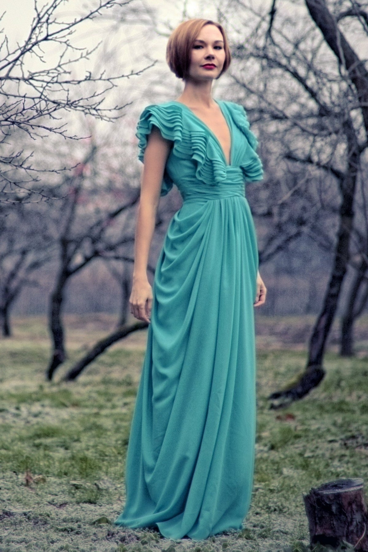 A-Line Deep V-Neck Floor-Length Chiffon Backless Prom Dress