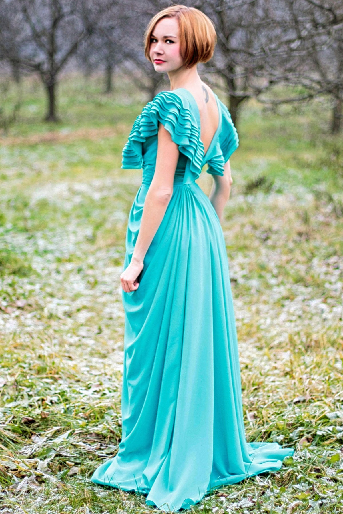 A-Line Deep V-Neck Floor-Length Chiffon Backless Prom Dress