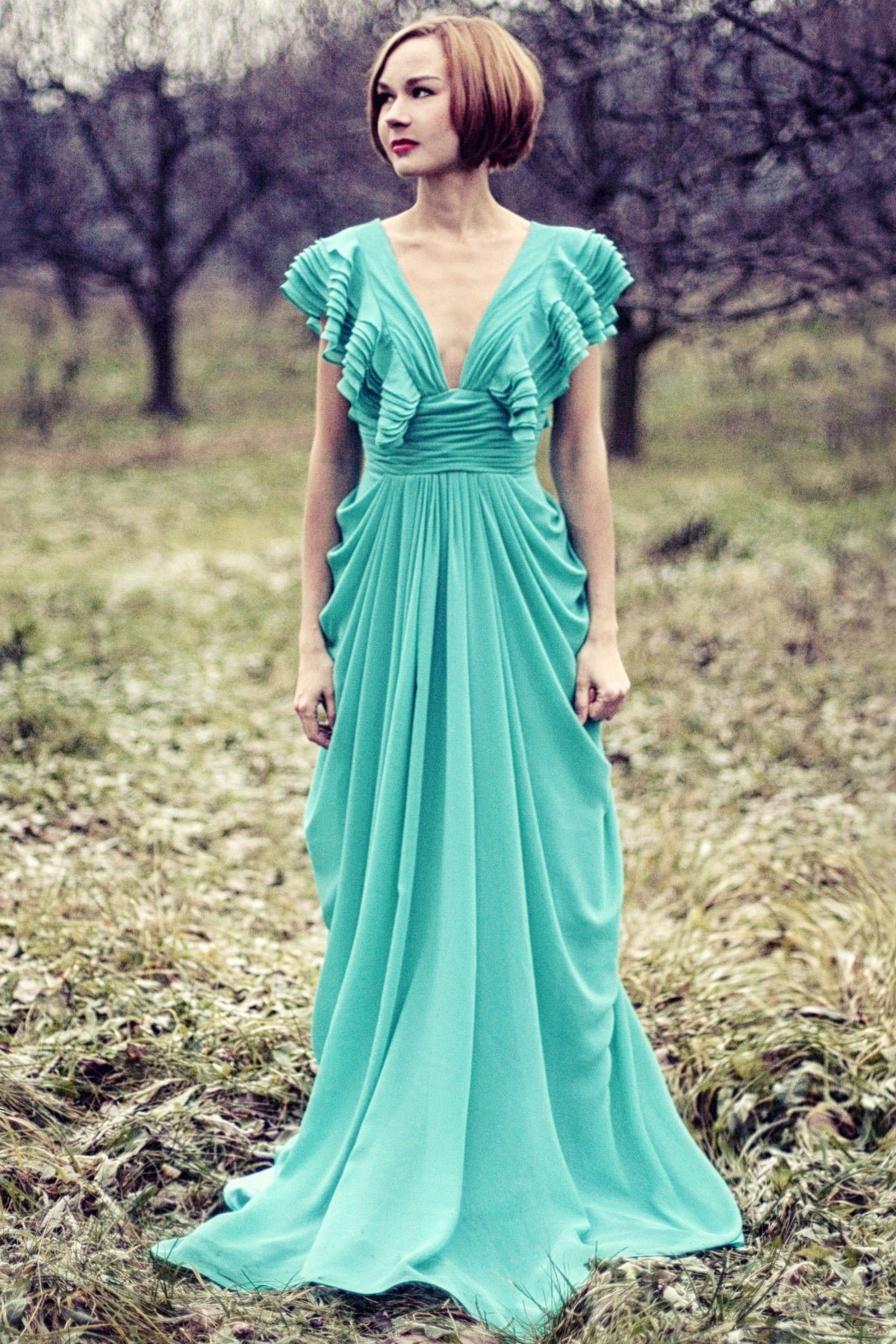 A-Line Deep V-Neck Floor-Length Chiffon Backless Prom Dress