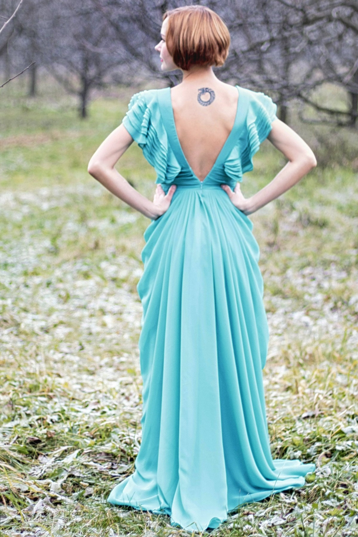 A-Line Deep V-Neck Floor-Length Chiffon Backless Prom Dress