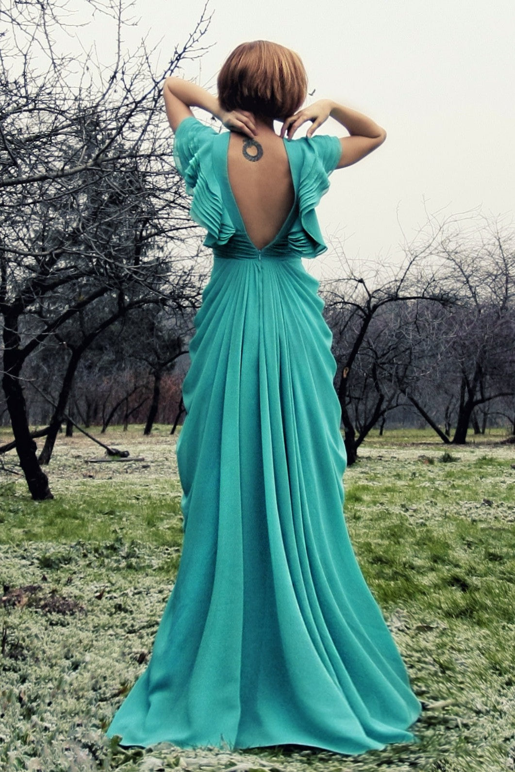 A-Line Deep V-Neck Floor-Length Chiffon Backless Prom Dress