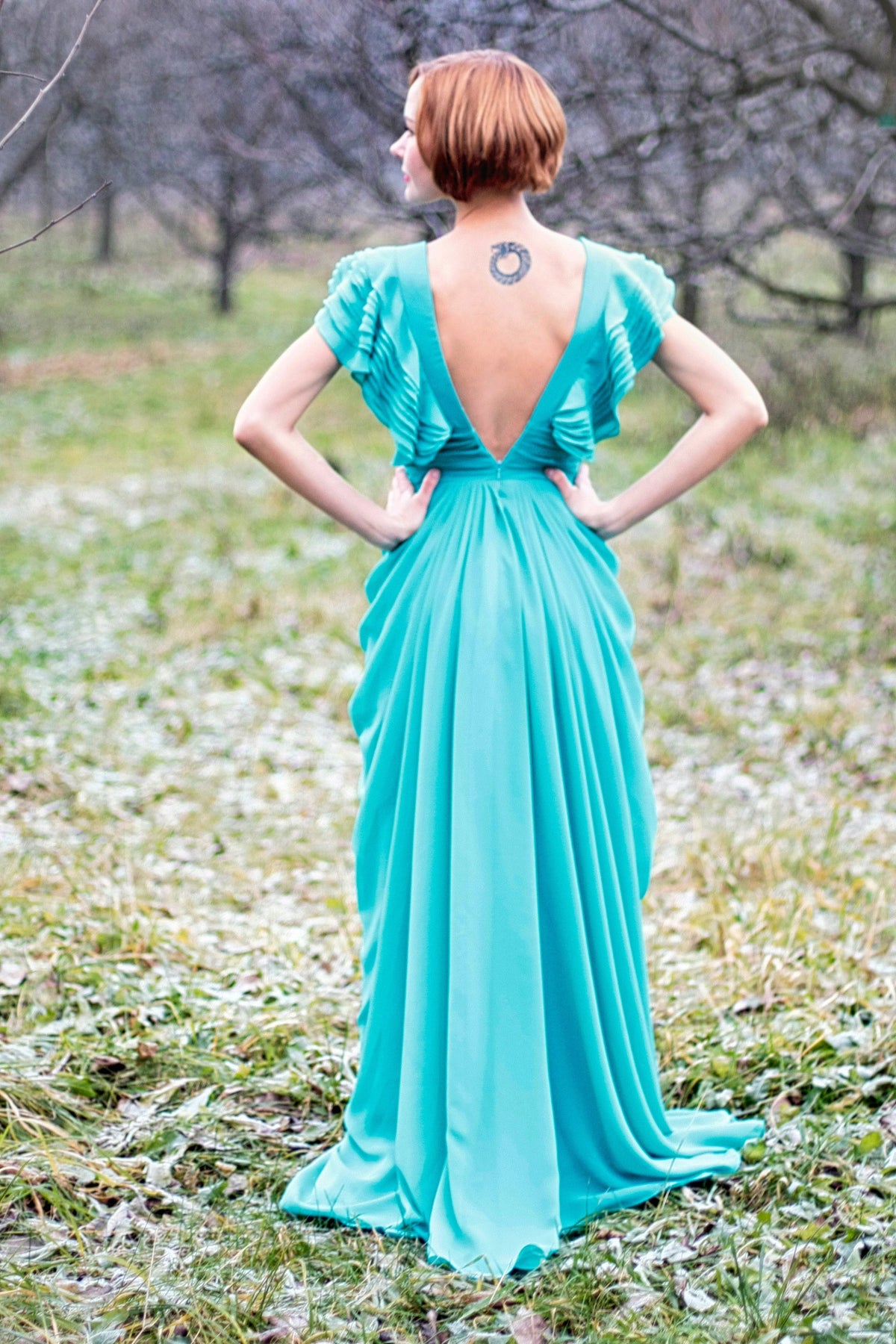 A-Line Deep V-Neck Floor-Length Chiffon Backless Prom Dress