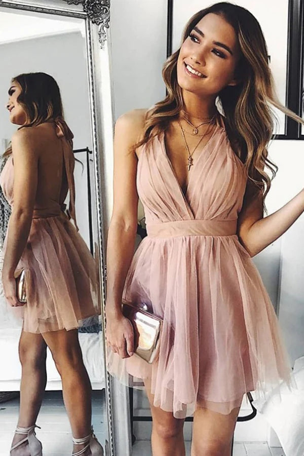A-Line Deep V-Neck Pink Tulle Short Homecoming Dress