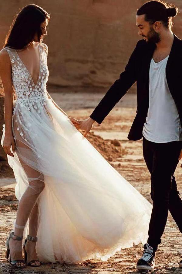 A-Line Deep V-Neck Tulle Wedding Dress with Appliques Split (ZD16331)