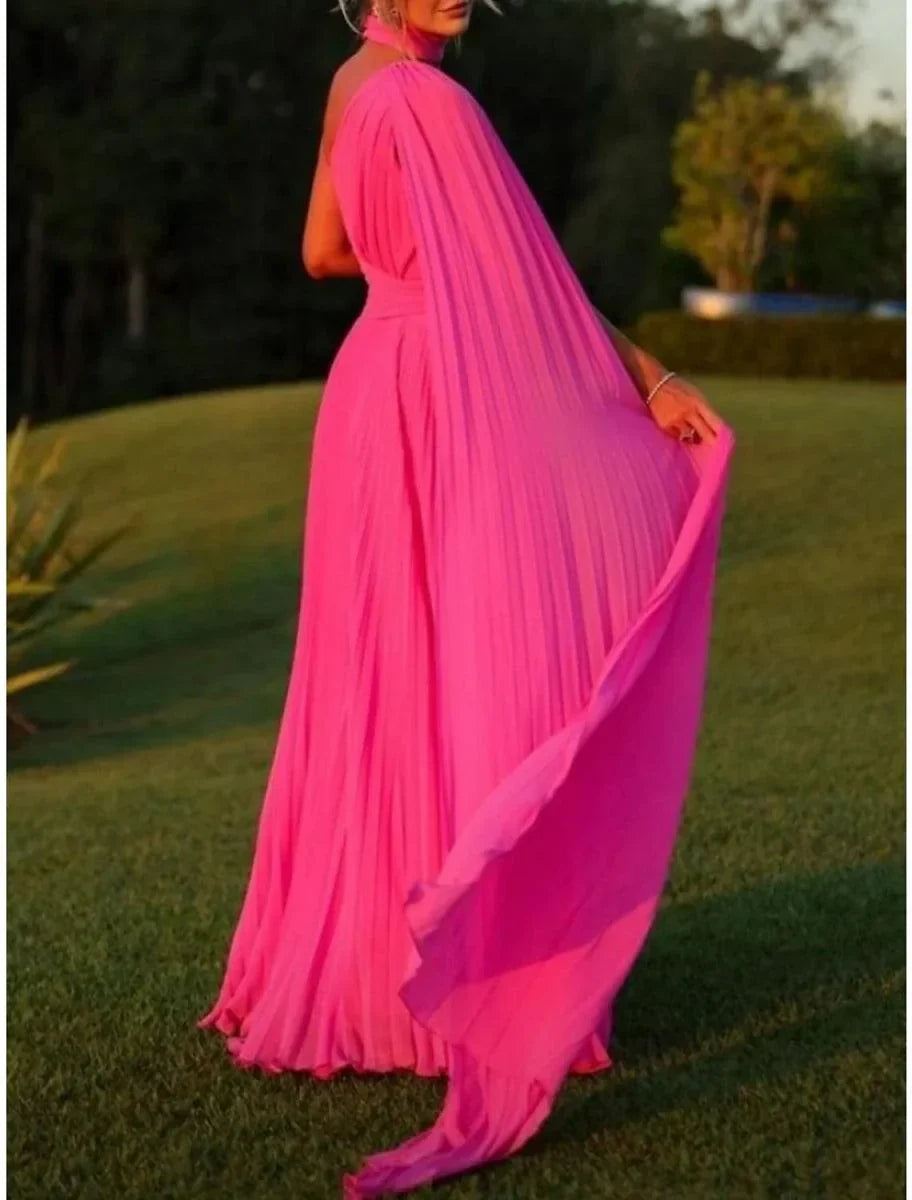 A-Line Evening Gown Elegant Dress Formal Sweep / Brush Train Sleeveless One Shoulder Chiffon with Pleats Ruched - View 3 | VelvetHem