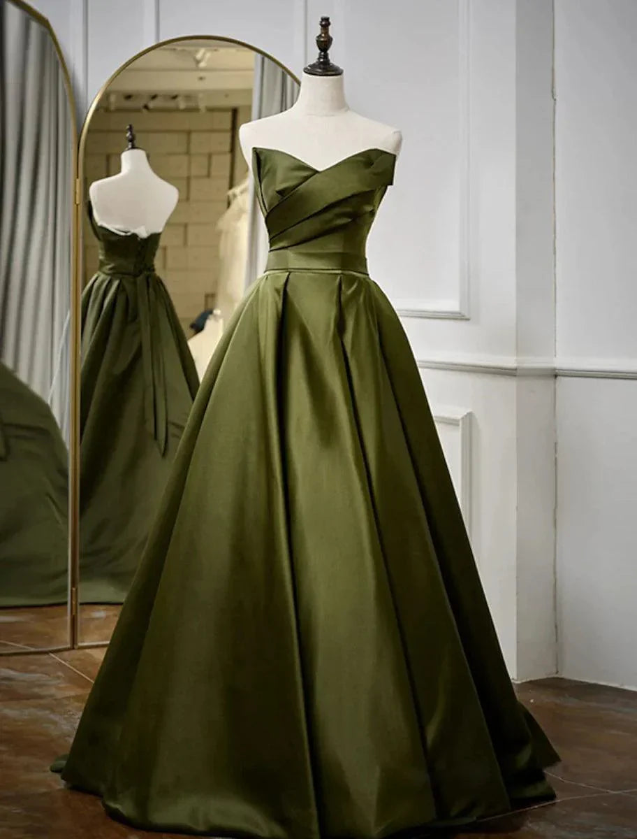 Sunnderly A-Line Evening Gown Open Back Dress Formal Wedding Guest Floor Length Sleeveless Strapless Satin with Pleats Strappy - VelvetHem