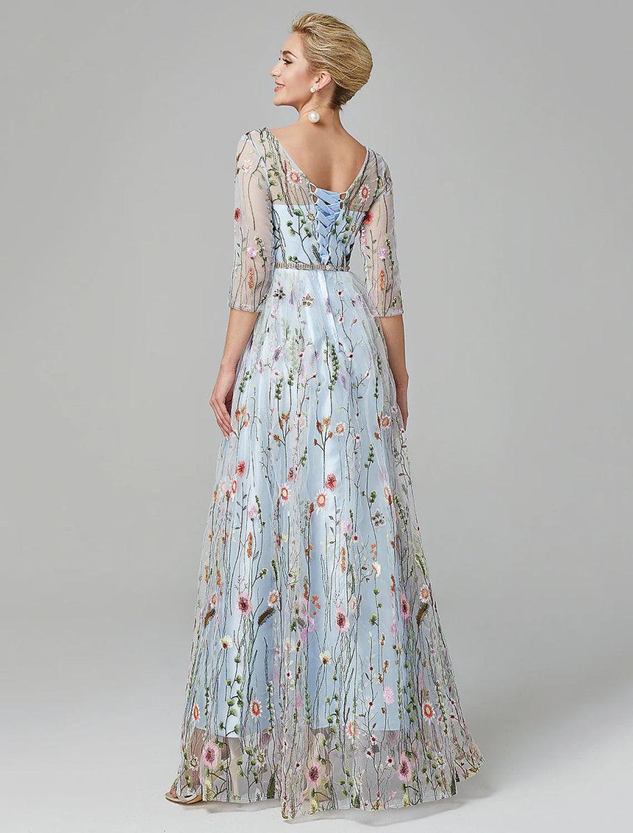 Sunnderly A-Line Evening Gown Party Dress Floral Dress Holiday Wedding Guest Floor Length 3/4 Length Sleeve Illusion Neck Lace with Embroidery - View 4 | VelvetHem