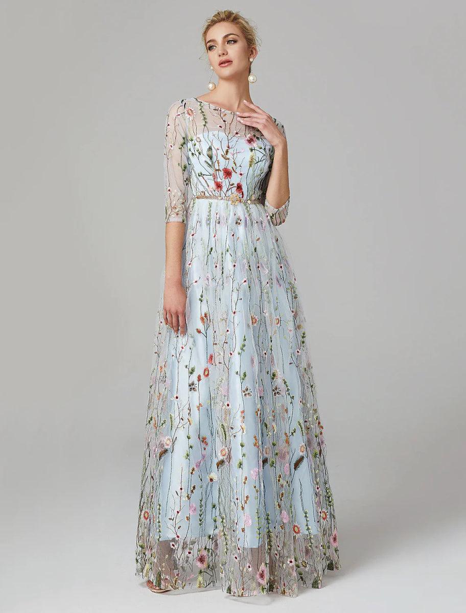 Sunnderly A-Line Evening Gown Party Dress Floral Dress Holiday Wedding Guest Floor Length 3/4 Length Sleeve Illusion Neck Lace with Embroidery - View 2 | VelvetHem