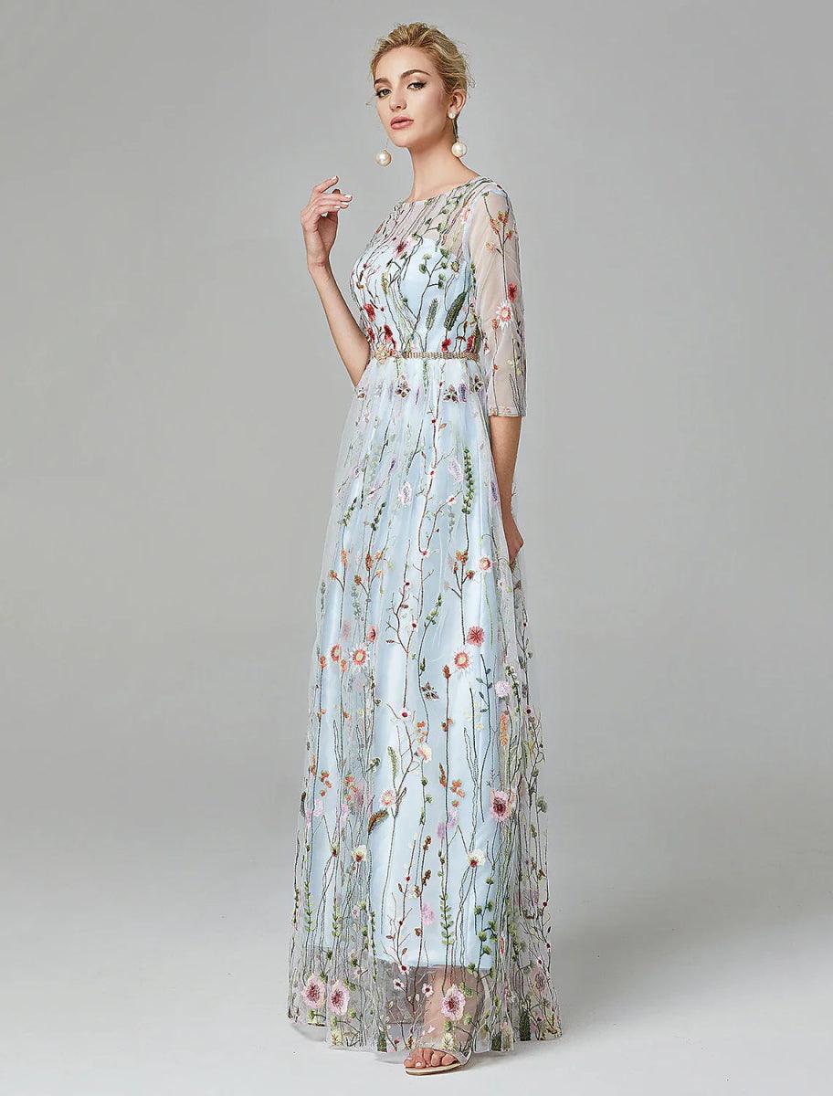 Sunnderly A-Line Evening Gown Party Dress Floral Dress Holiday Wedding Guest Floor Length 3/4 Length Sleeve Illusion Neck Lace with Embroidery - View 3 | VelvetHem