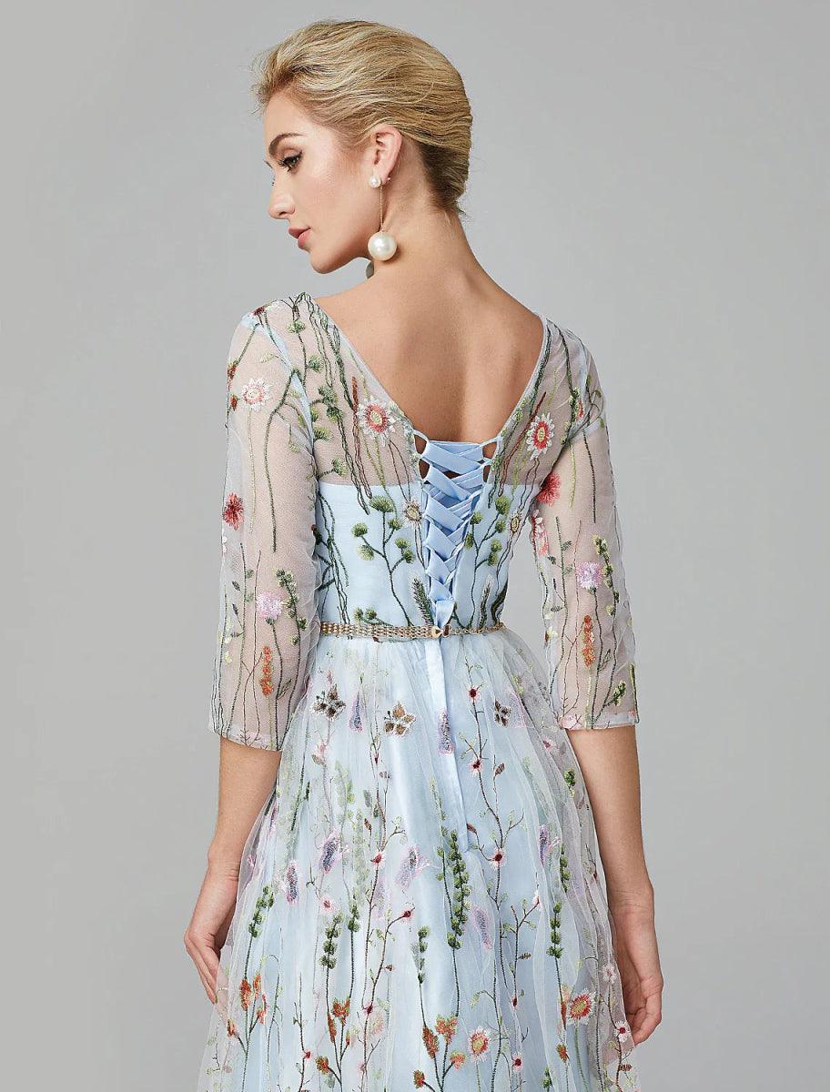 Sunnderly A-Line Evening Gown Party Dress Floral Dress Holiday Wedding Guest Floor Length 3/4 Length Sleeve Illusion Neck Lace with Embroidery - View 6 | VelvetHem