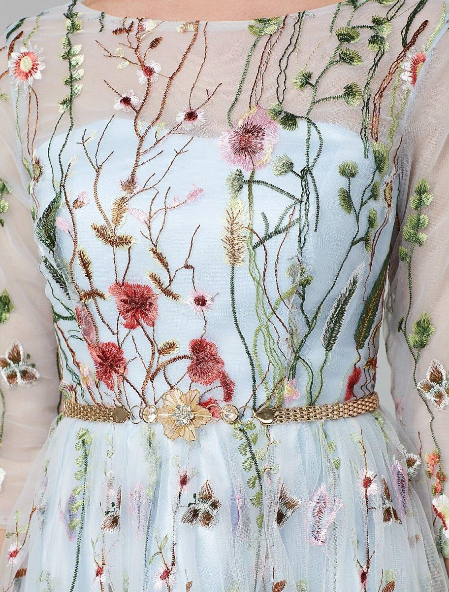 Sunnderly A-Line Evening Gown Party Dress Floral Dress Holiday Wedding Guest Floor Length 3/4 Length Sleeve Illusion Neck Lace with Embroidery - View 7 | VelvetHem