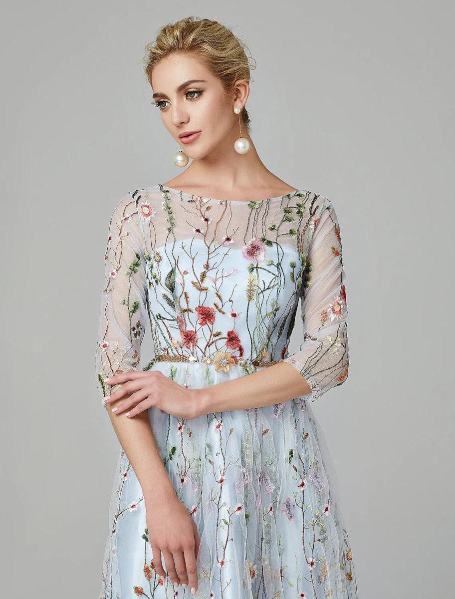 Sunnderly A-Line Evening Gown Party Dress Floral Dress Holiday Wedding Guest Floor Length 3/4 Length Sleeve Illusion Neck Lace with Embroidery - View 5 | VelvetHem