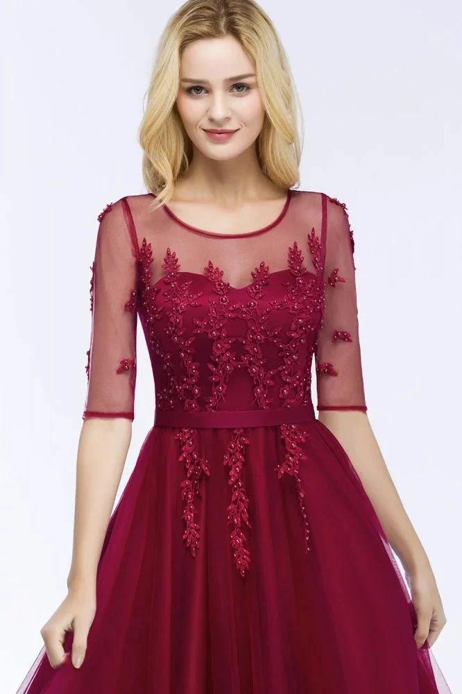 A-line Floor Length Appliques Tulle Bridesmaid Dress Half Sleeve Evening Dress (ZD13025)