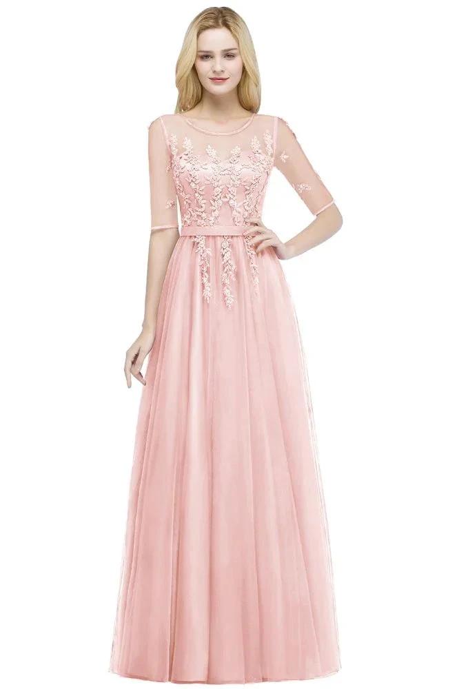 A-line Floor Length Appliques Tulle Bridesmaid Dress Half Sleeve Evening Dress by misshow.com