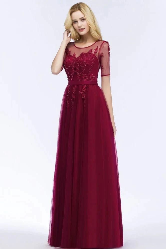 A-line Floor Length Appliques Tulle Bridesmaid Dress Half Sleeve Evening Dress (ZD13025)