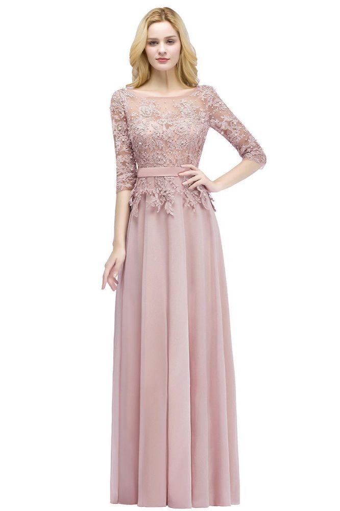 A-line Floor Length Half Sleeves Appliques Bridesmaid Dresses with Sash - View 2 | VelvetHem
