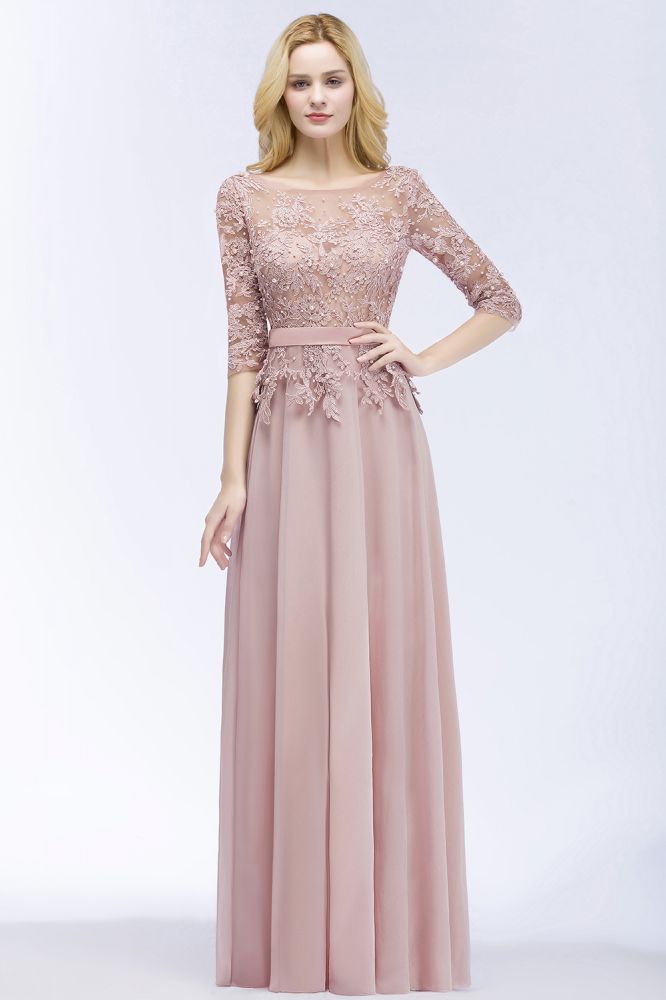 A-line Floor Length Half Sleeves Appliques Bridesmaid Dresses with Sash - View 3 | VelvetHem