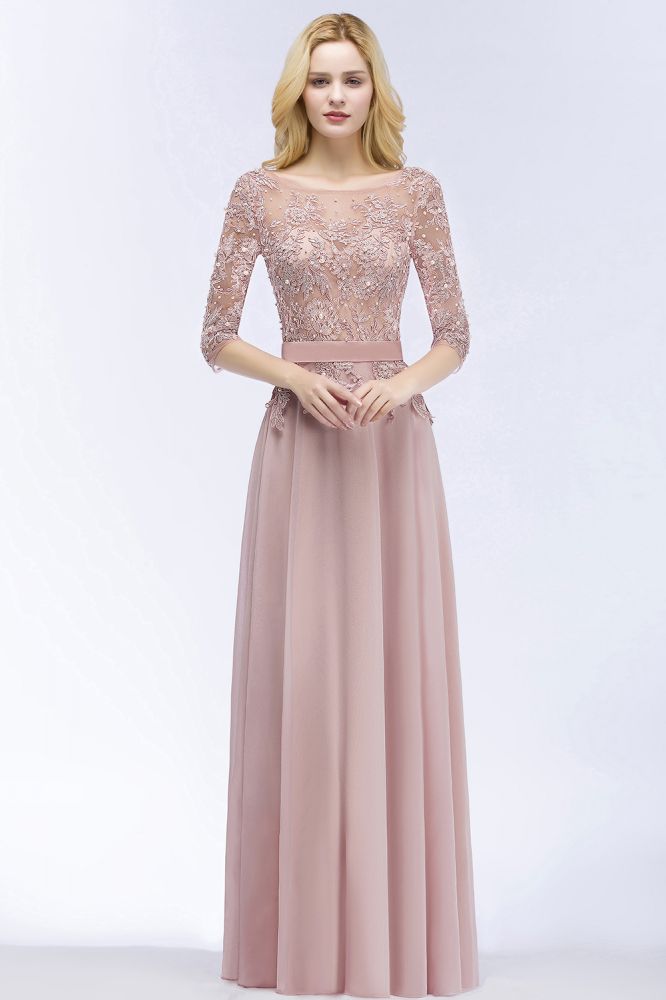 A-line Floor Length Half Sleeves Appliques Bridesmaid Dresses with Sash - View 6 | VelvetHem