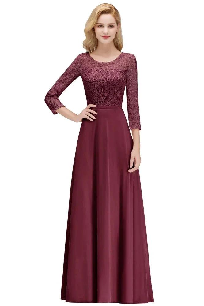 A-line Floor Length Lace Chiffon Bridesmaid Dresses with Sleeves by misshow.com