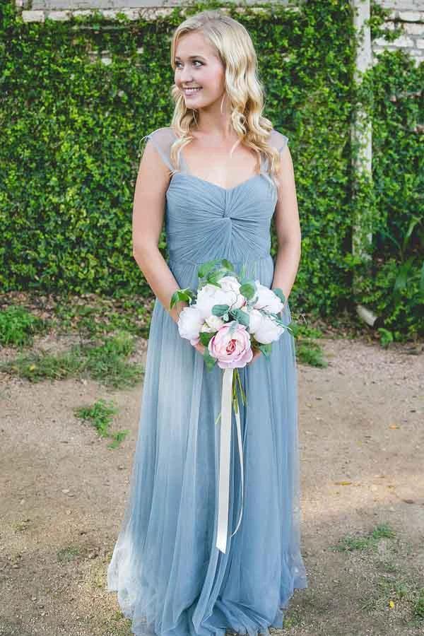 A-line Floor-Length Turquoise Sleeveless Tulle Bridesmaid Dress (ZD13218)