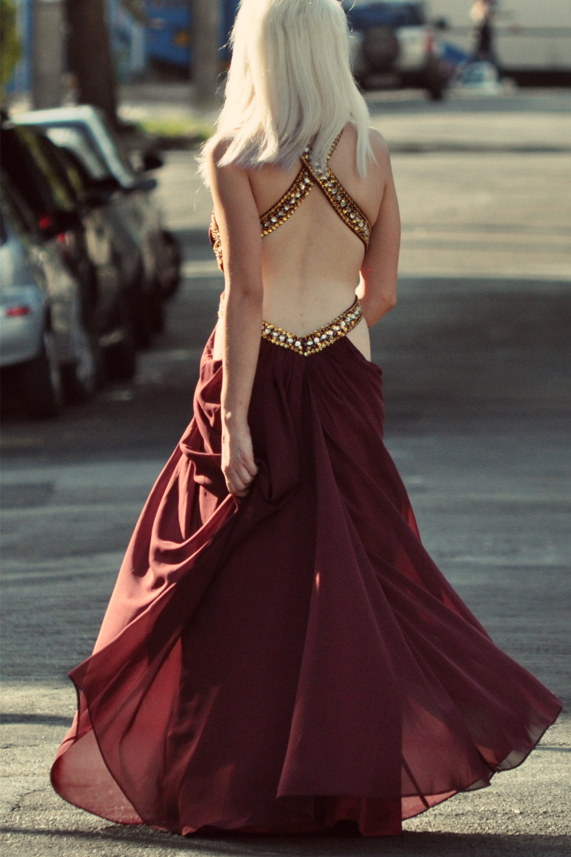 A-line Halter Floor Length Chiffon Backless Beading Prom Dress