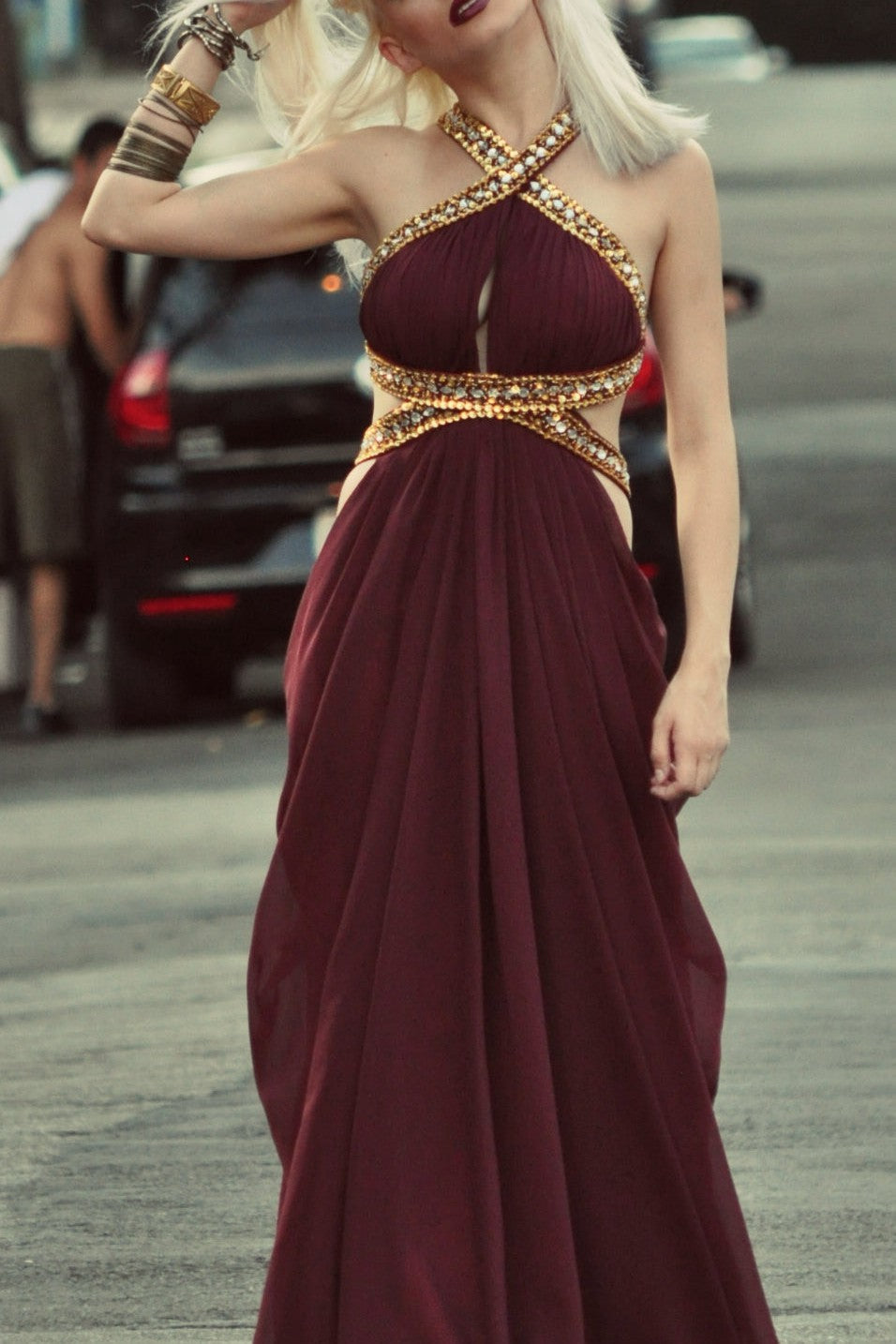 A-line Halter Floor Length Chiffon Backless Beading Prom Dress