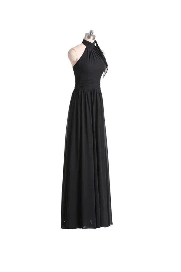 A-line Halter Floor Length Chiffon Black Bridesmaid Dress With Pleats (ZD13197)
