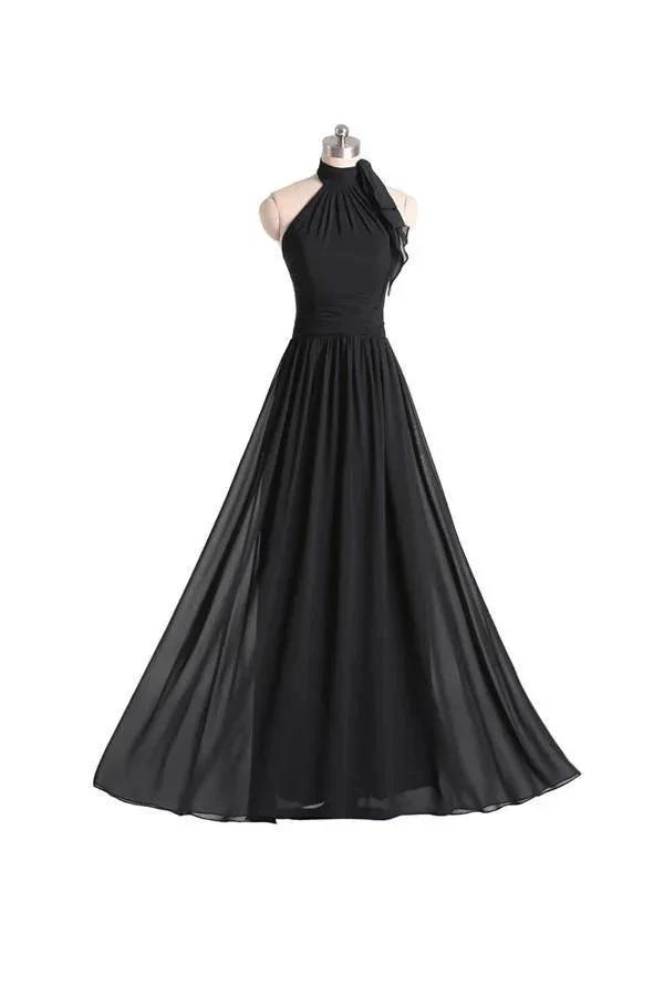A-line Halter Floor Length Chiffon Black Bridesmaid Dress With Pleats BD019 by pgmdress