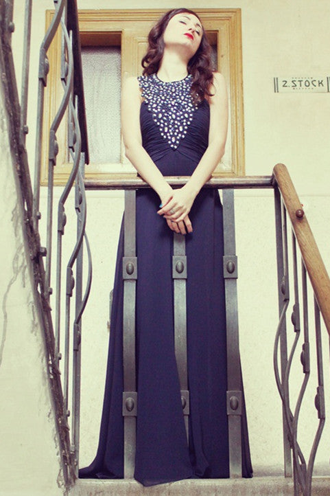 A-Line Halter Floor-Length Sleeveless Chiffon Rhinestone Evening Dress