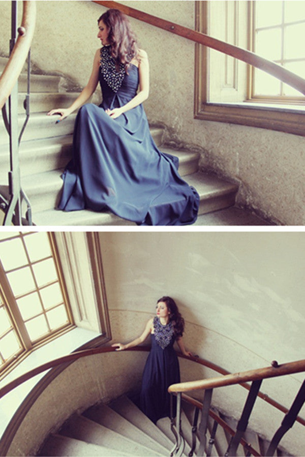 A-Line Halter Floor-Length Sleeveless Chiffon Rhinestone Evening Dress