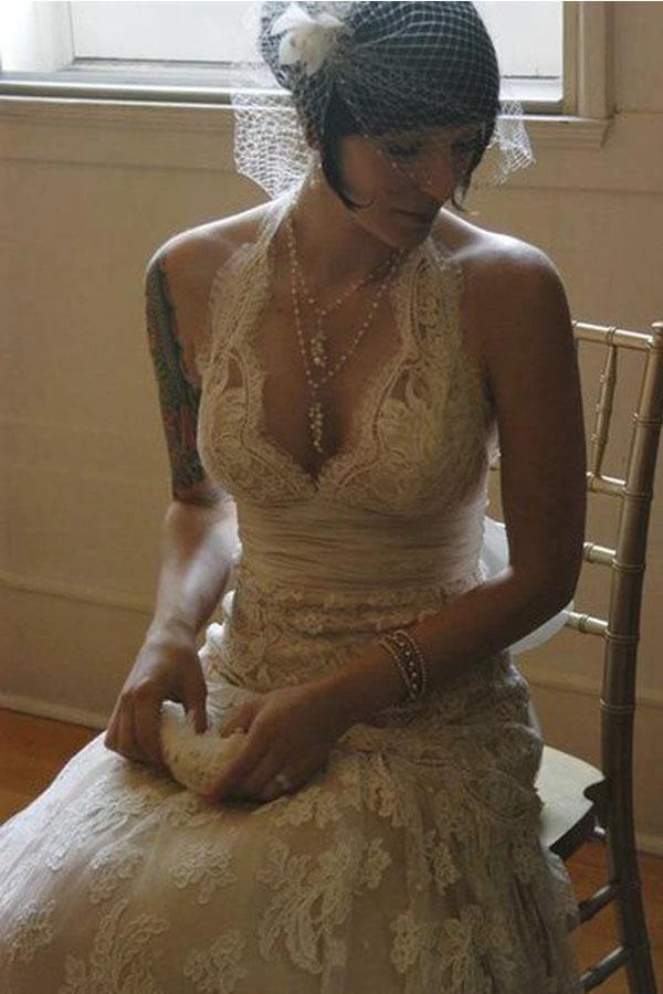 A-line Halter Neck Backless Bow Lace Wedding Dress with Court Train (ZD15338) - View 2 | VelvetHem