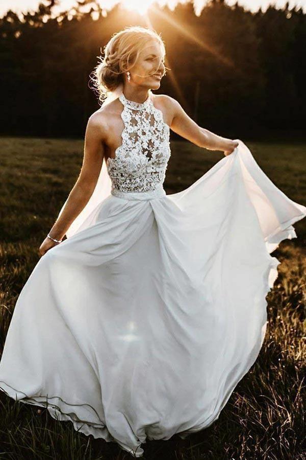 A-Line Halter Sleeveless Chiffon Long Beach Wedding Dress with Lace (ZD16276)