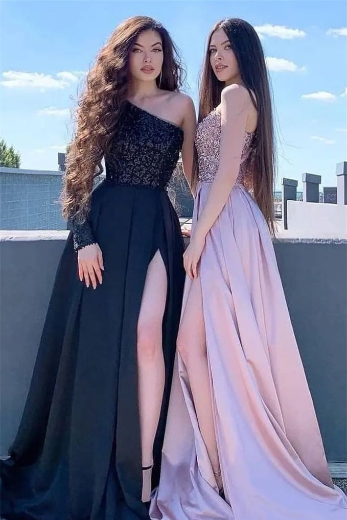 A-Line High Split One-Shoulder Asymmetrical Sequined Floor-Length Prom Dress