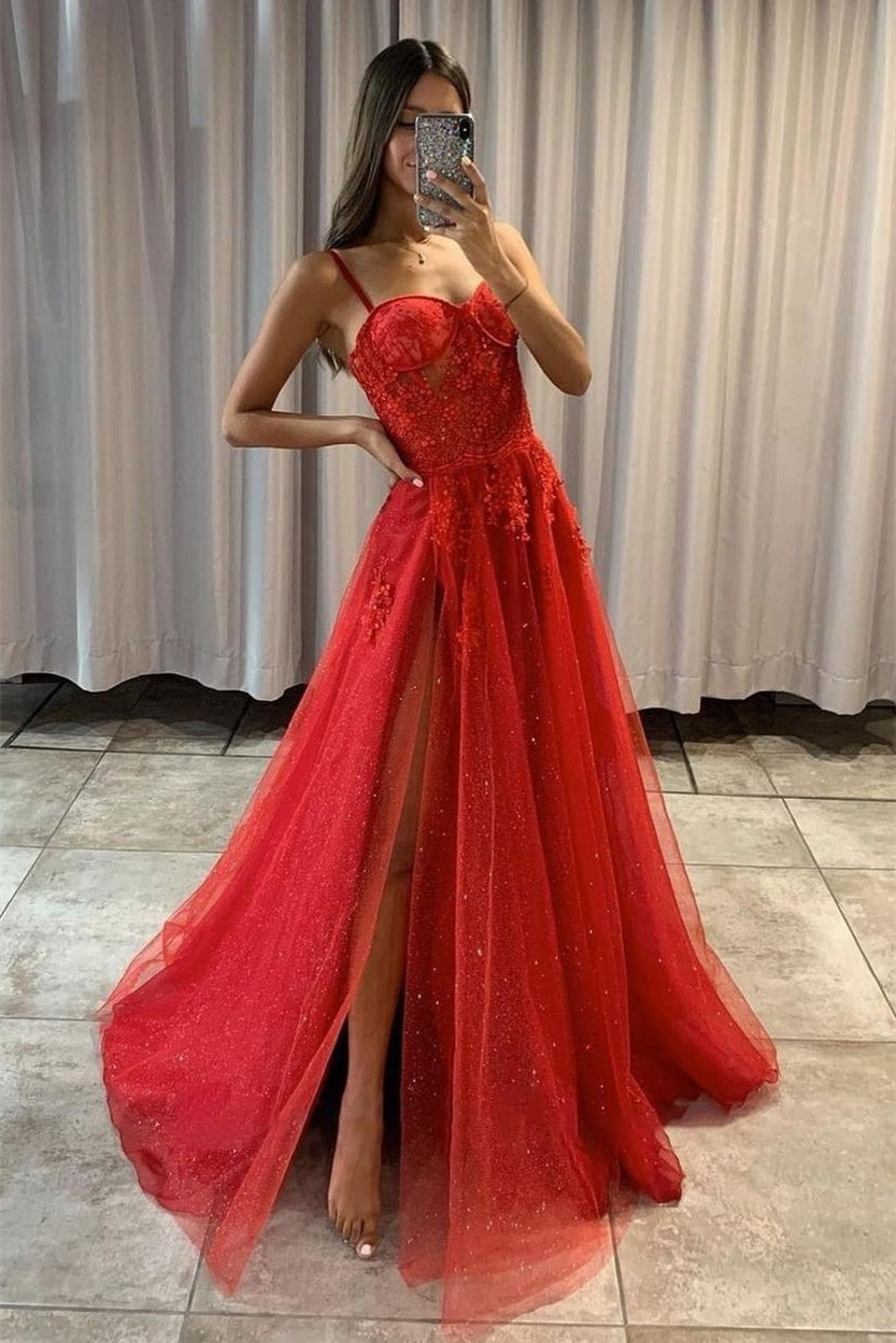 A-Line High Split Spaghetti strap Sweetheart Sequined Sleeveless Lace Applique Prom Dress