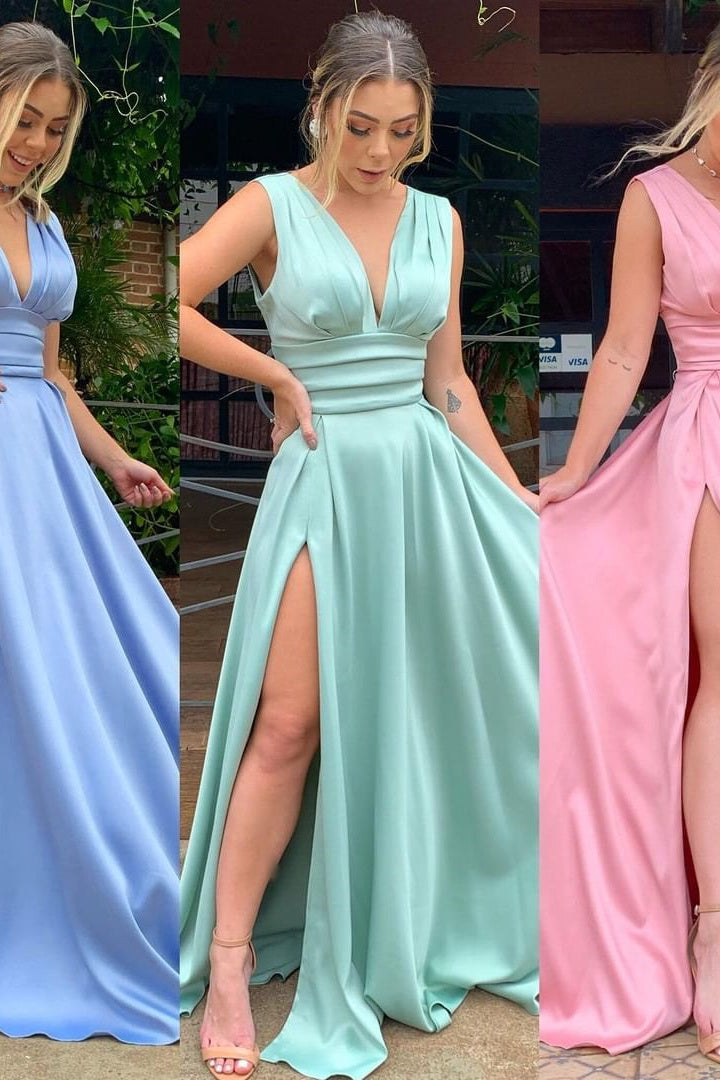 A-Line High Split Strap V-Neck Sleeveless Floor-Length Prom Dress