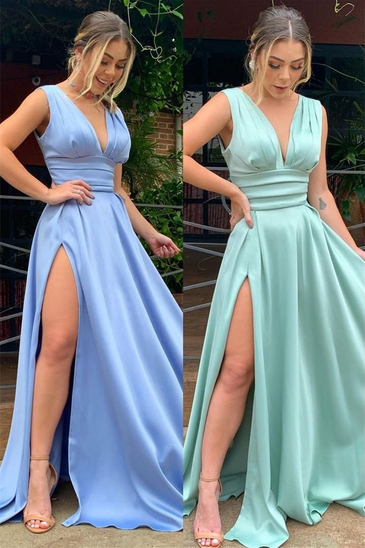A-Line High Split Strap V-Neck Sleeveless Floor-Length Prom Dress