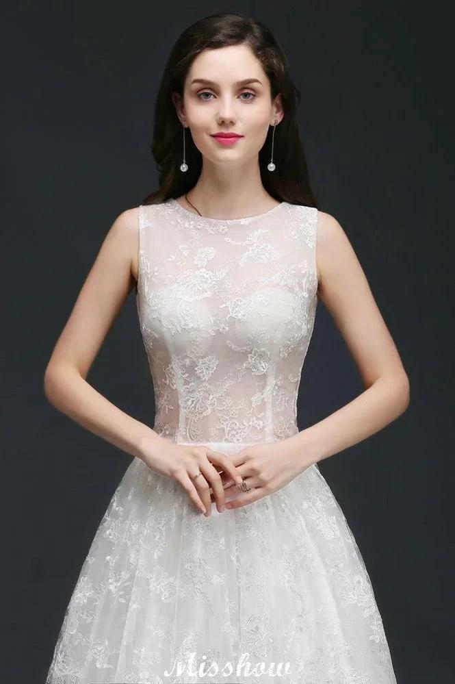A-line Jewel Court Train Lace Simple Wedding Dresses with Buttons (ZD13932)