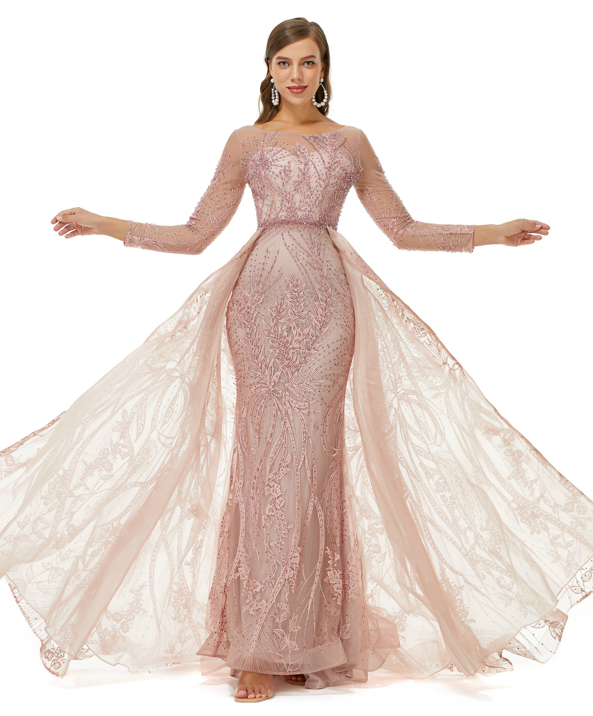 A-Line Jewel Floor-Length Long Sleeve Appliques Lace Sequined Prom Dress