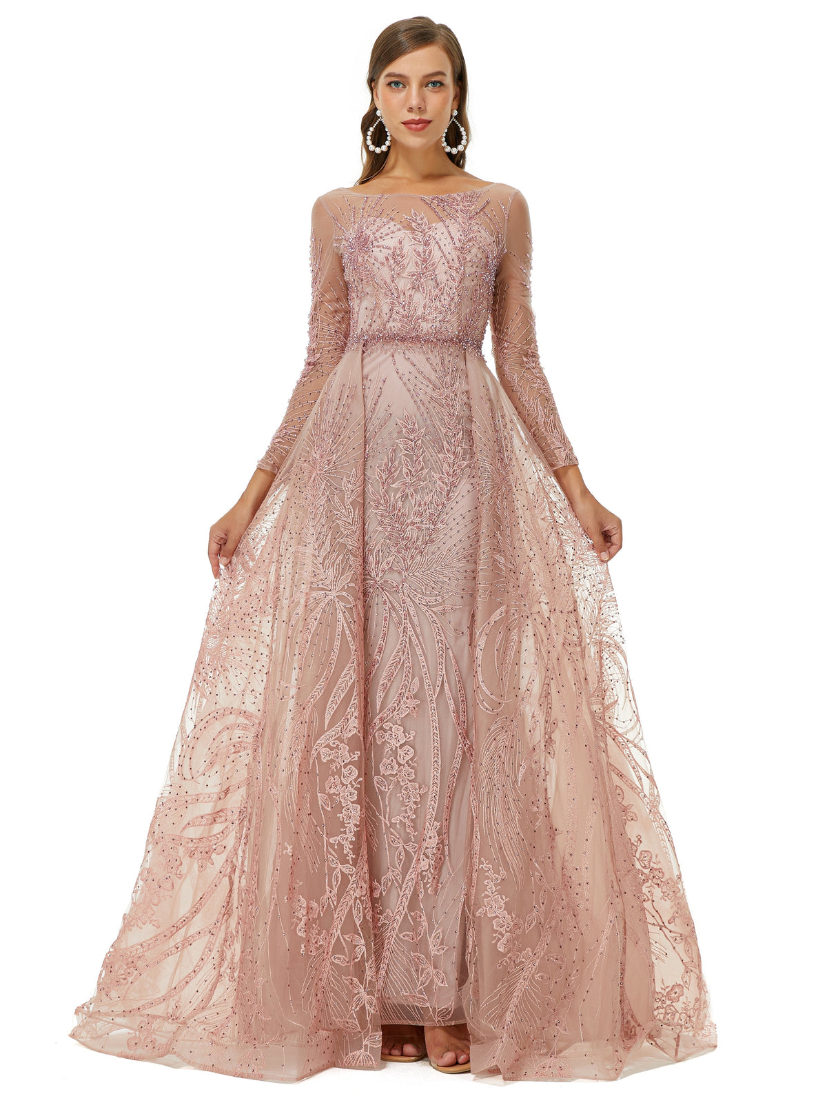 A-Line Jewel Floor-Length Long Sleeve Appliques Lace Sequined Prom Dress