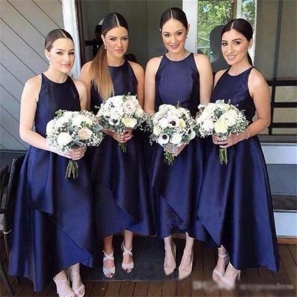 A-Line Jewel Floor-Length Navy Blue Sleeveless Satin Bridesmaid Dress BD054 by pgmdress